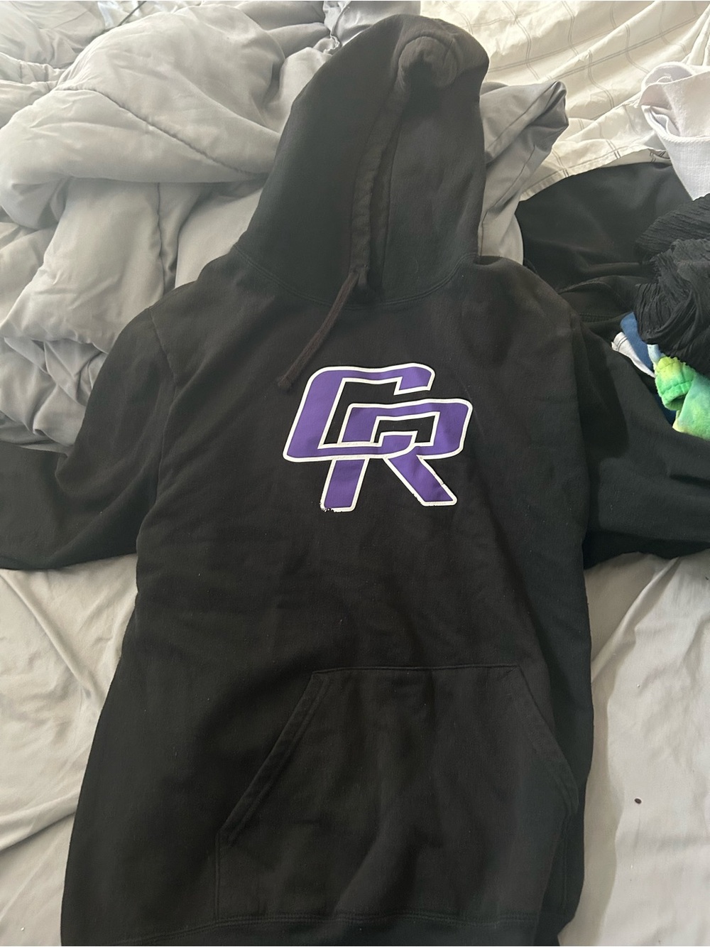 Black Hoodie with Purple 'CR' Logo